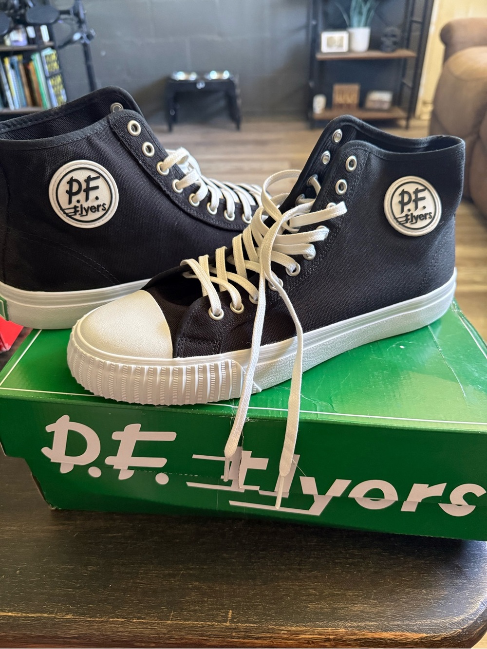 P.F. Flyers Black Canvas High-Top Sneakers with White Toe and Laces